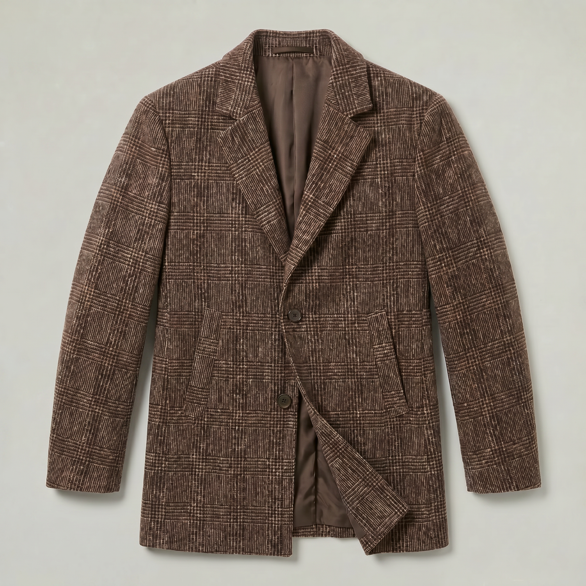 Men’s Checked Overcoat - Single Breasted Smart Casual Long Coat