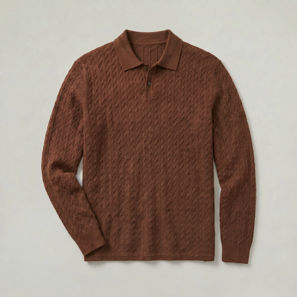 Men’s Cable Knit Polo Sweater - Long Sleeve Business Casual Shirt