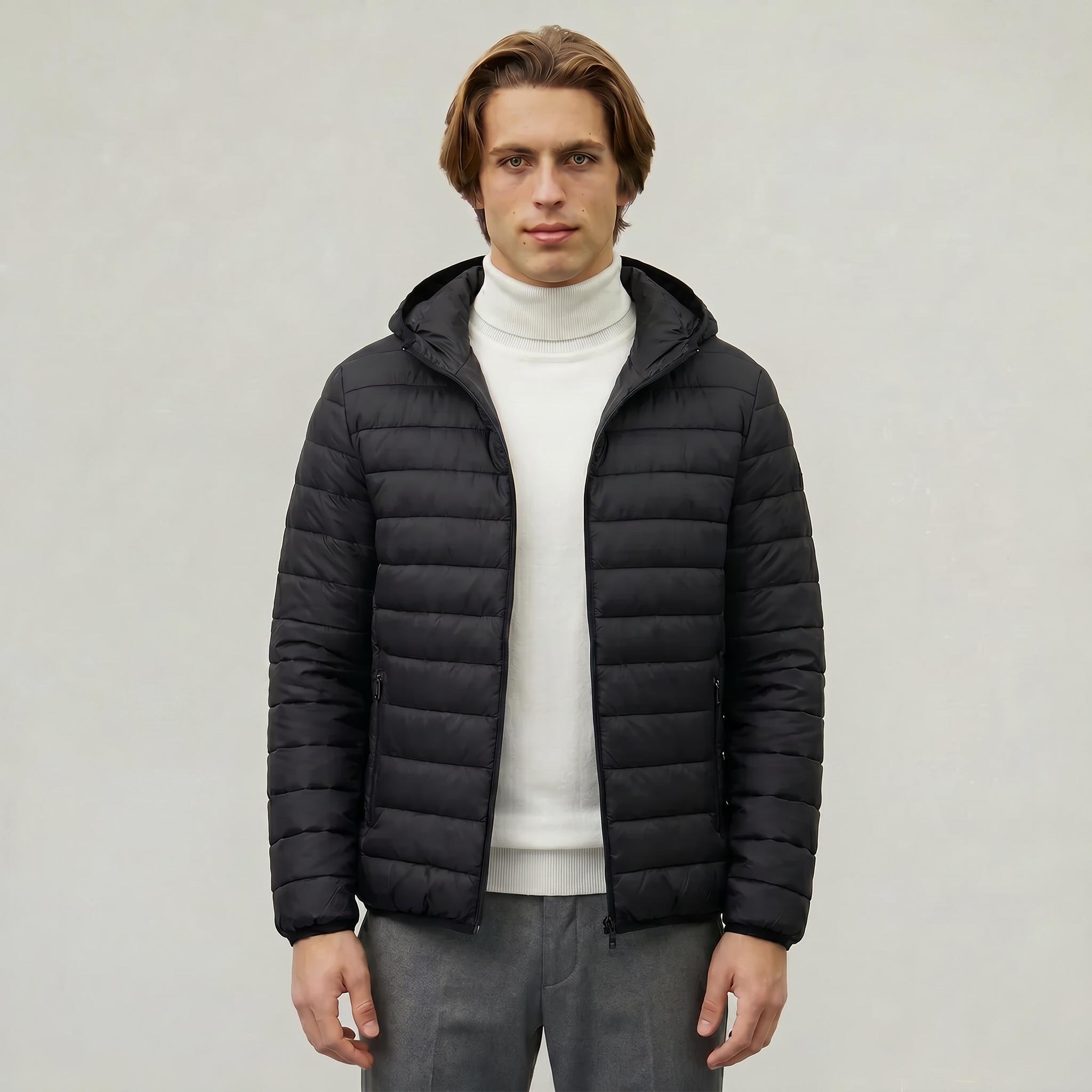 Men’s Hooded Puffer Jacket - Full Zip Lightweight Fit
