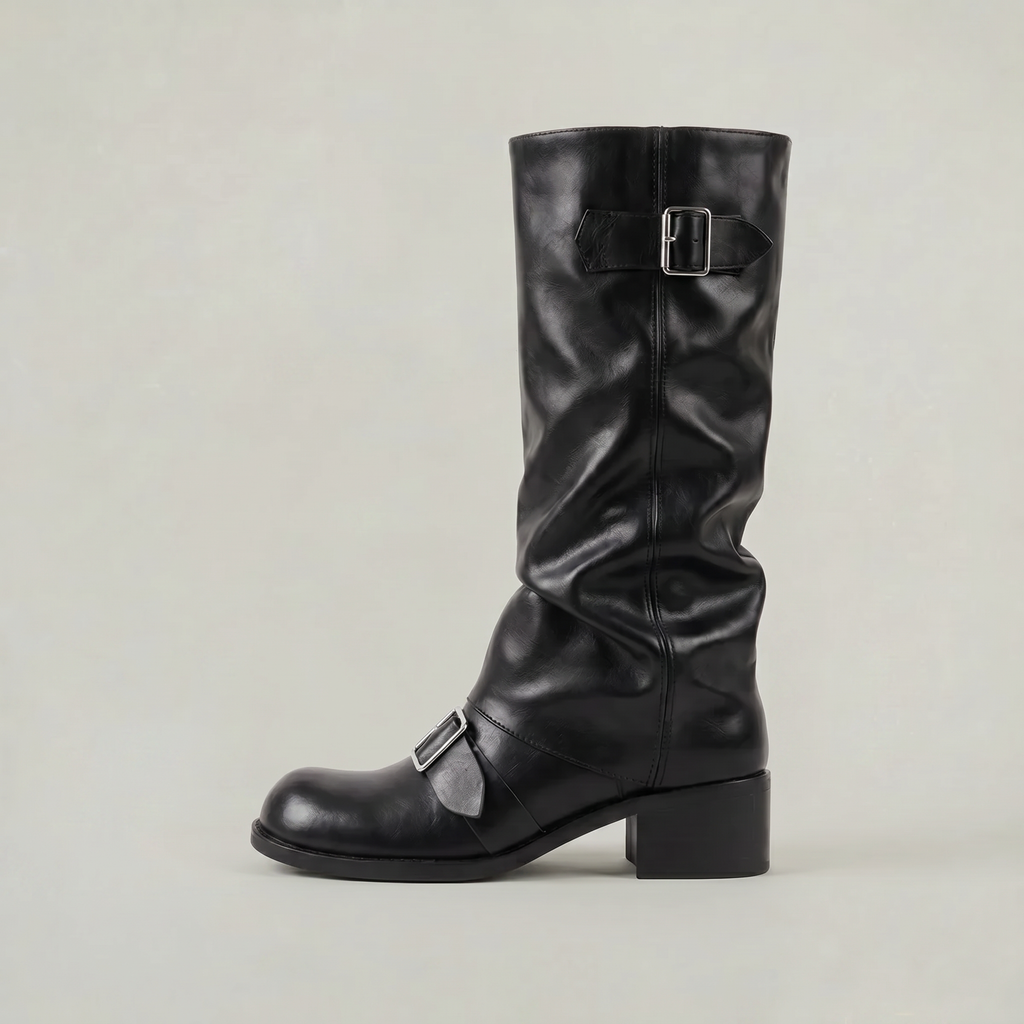 Women’s Buckle Strap Boots -  Block Heel Fit
