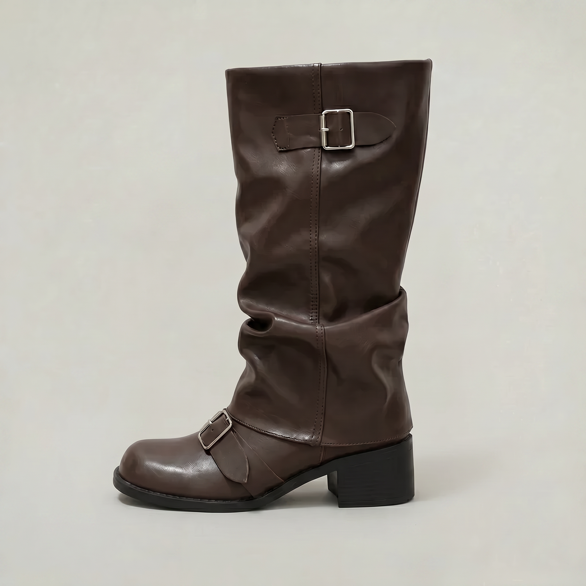 Women’s Buckle Strap Boots -  Block Heel Fit
