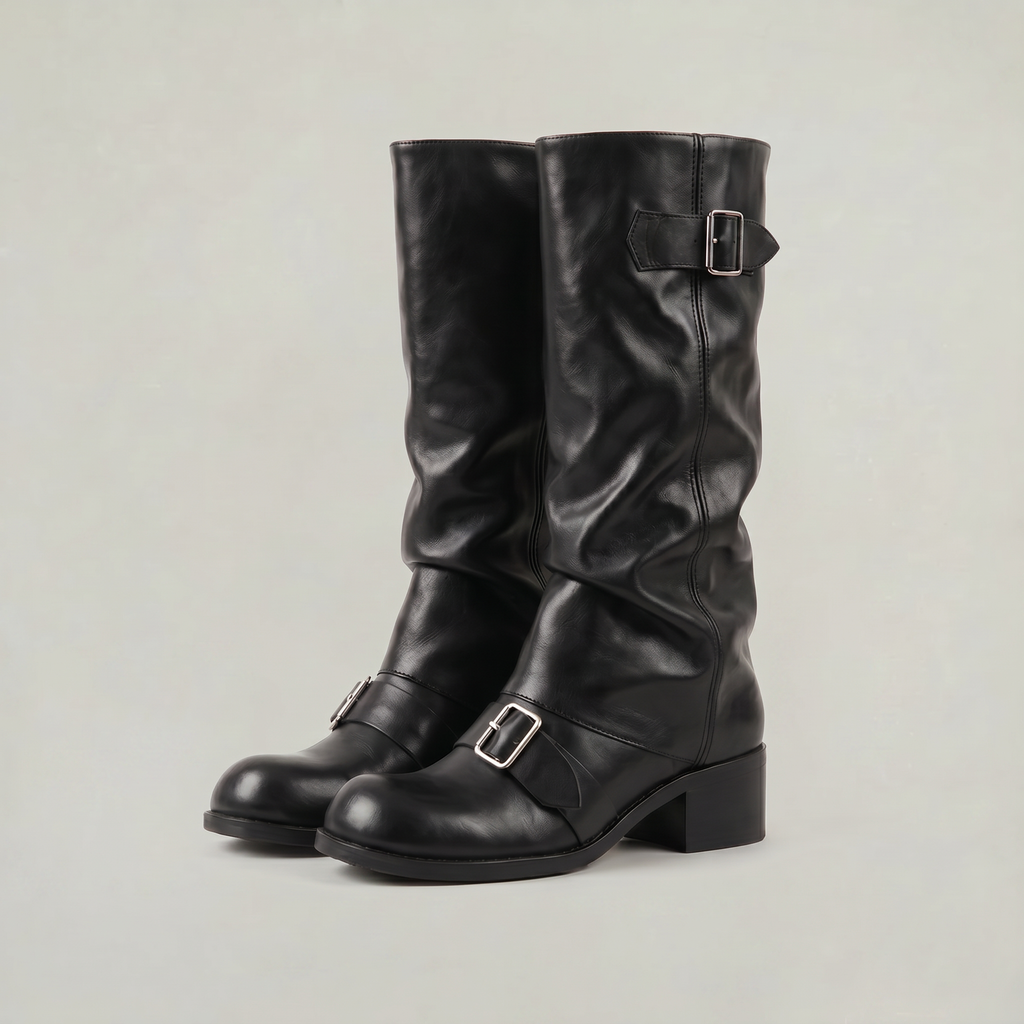 Women’s Buckle Strap Boots -  Block Heel Fit
