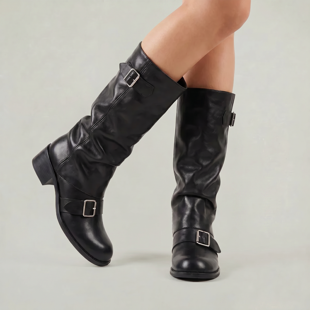 Women’s Buckle Strap Boots -  Block Heel Fit