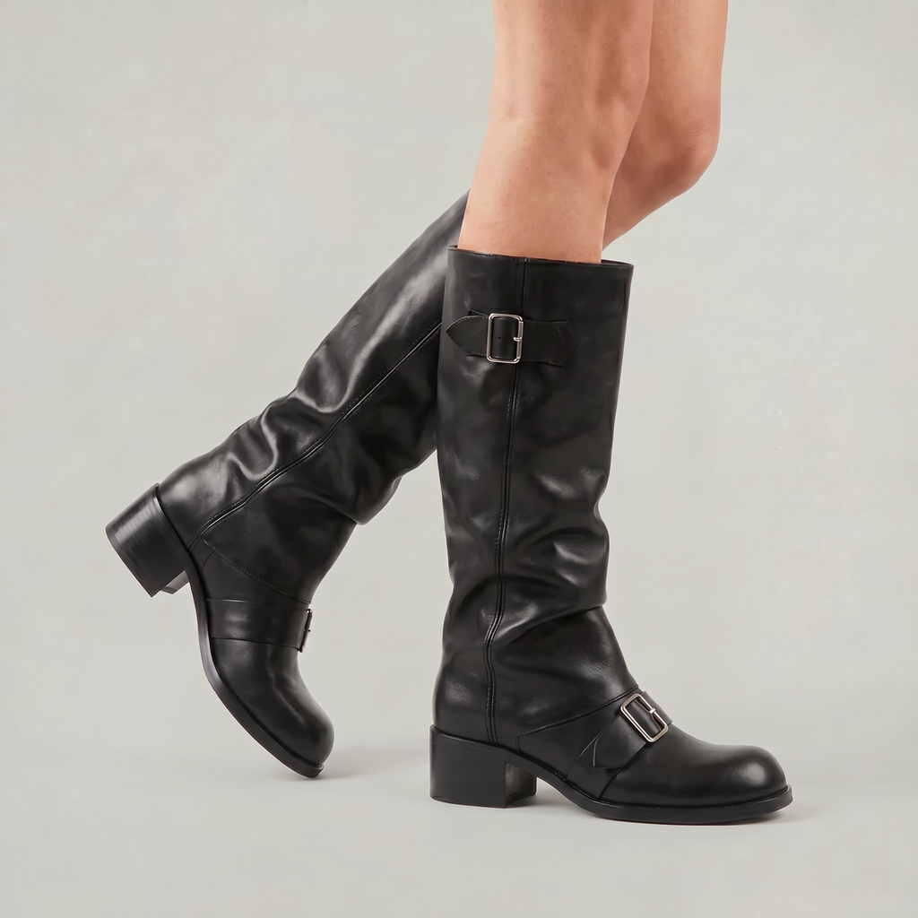 Women’s Buckle Strap Boots -  Block Heel Fit