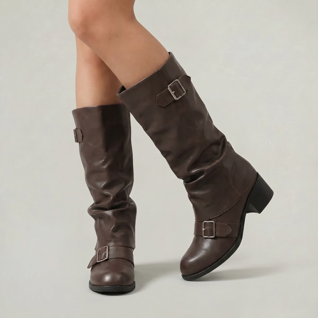Women’s Buckle Strap Boots -  Block Heel Fit