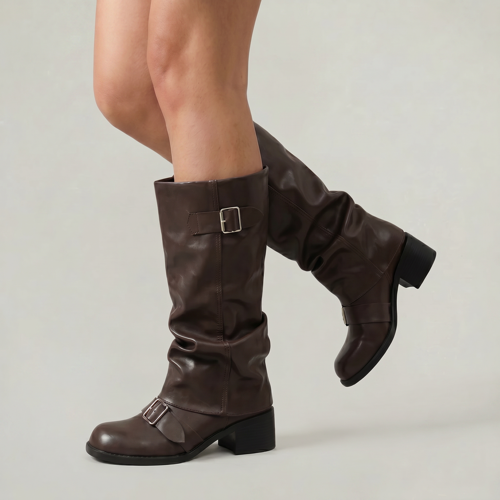 Women’s Buckle Strap Boots -  Block Heel Fit