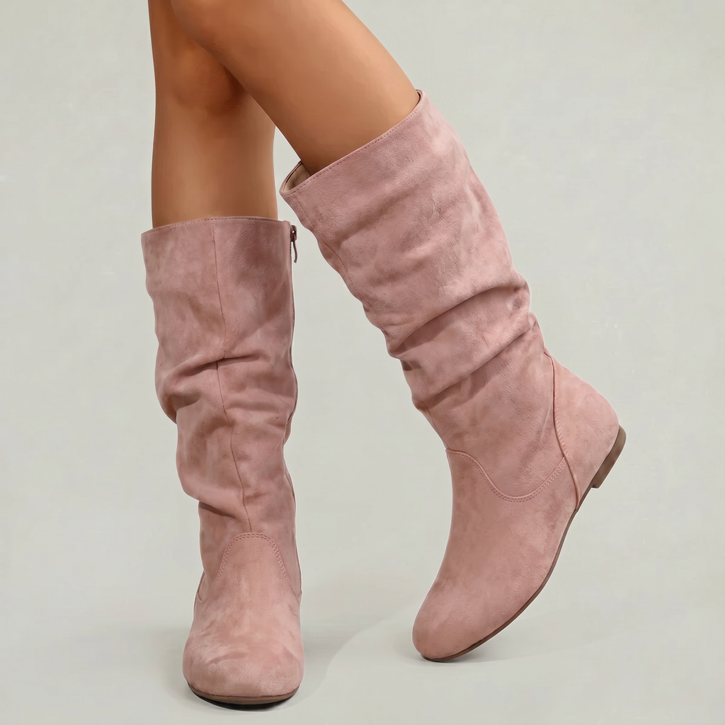 Women’s Mid-Calf Flat Boots - Pull-On Round Toe Flat Heel Fit