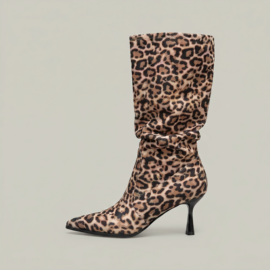 Women’s Leopard Print Slouch Mid-Calf Boots - Stiletto Heel Fit