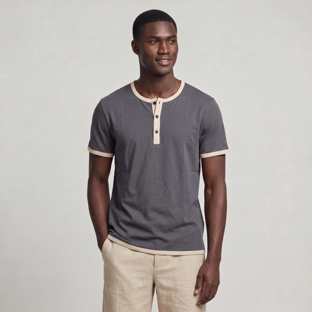 Men’s Cotton Henley Shirt Short Sleeve Contrast Trim