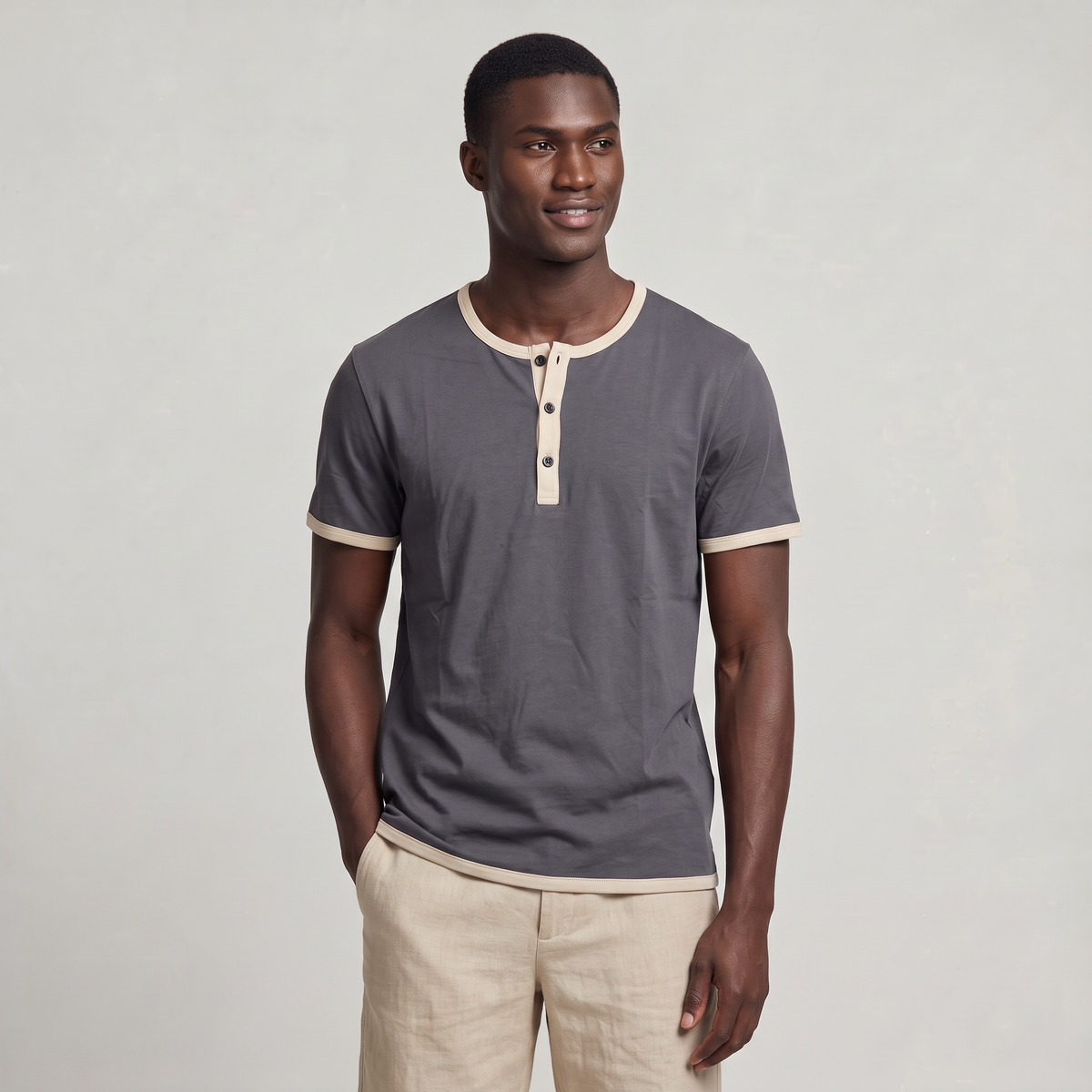 Men’s Cotton Henley Shirt Short Sleeve Contrast Trim