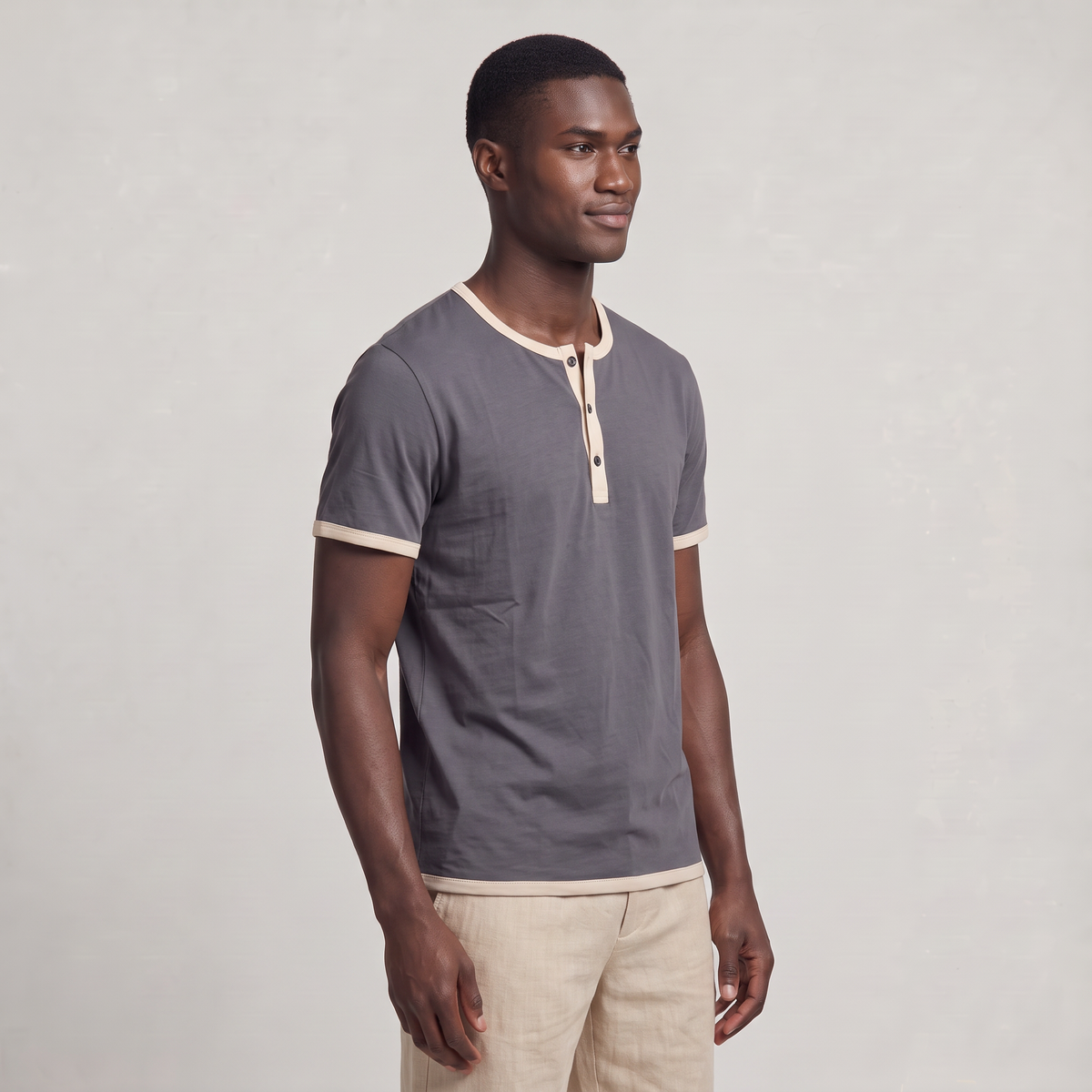 Men’s Cotton Henley Shirt Short Sleeve Contrast Trim