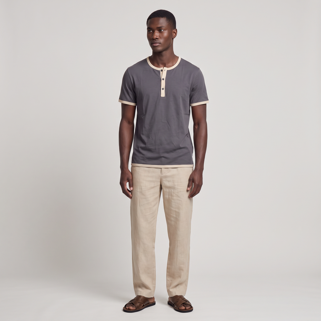 Men’s Cotton Henley Shirt Short Sleeve Contrast Trim