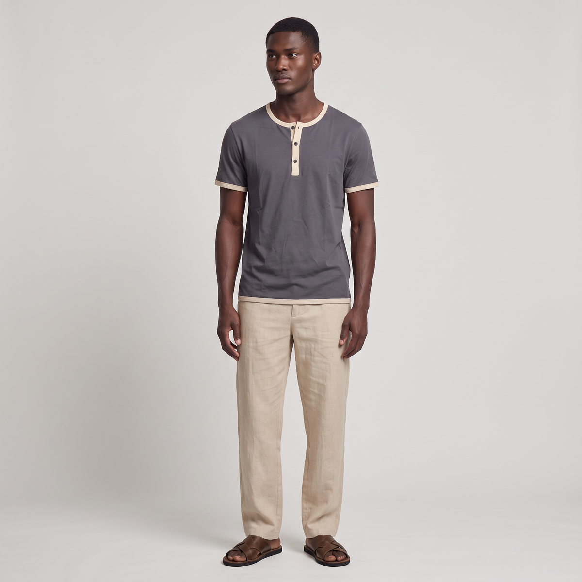 Men’s Cotton Henley Shirt Short Sleeve Contrast Trim
