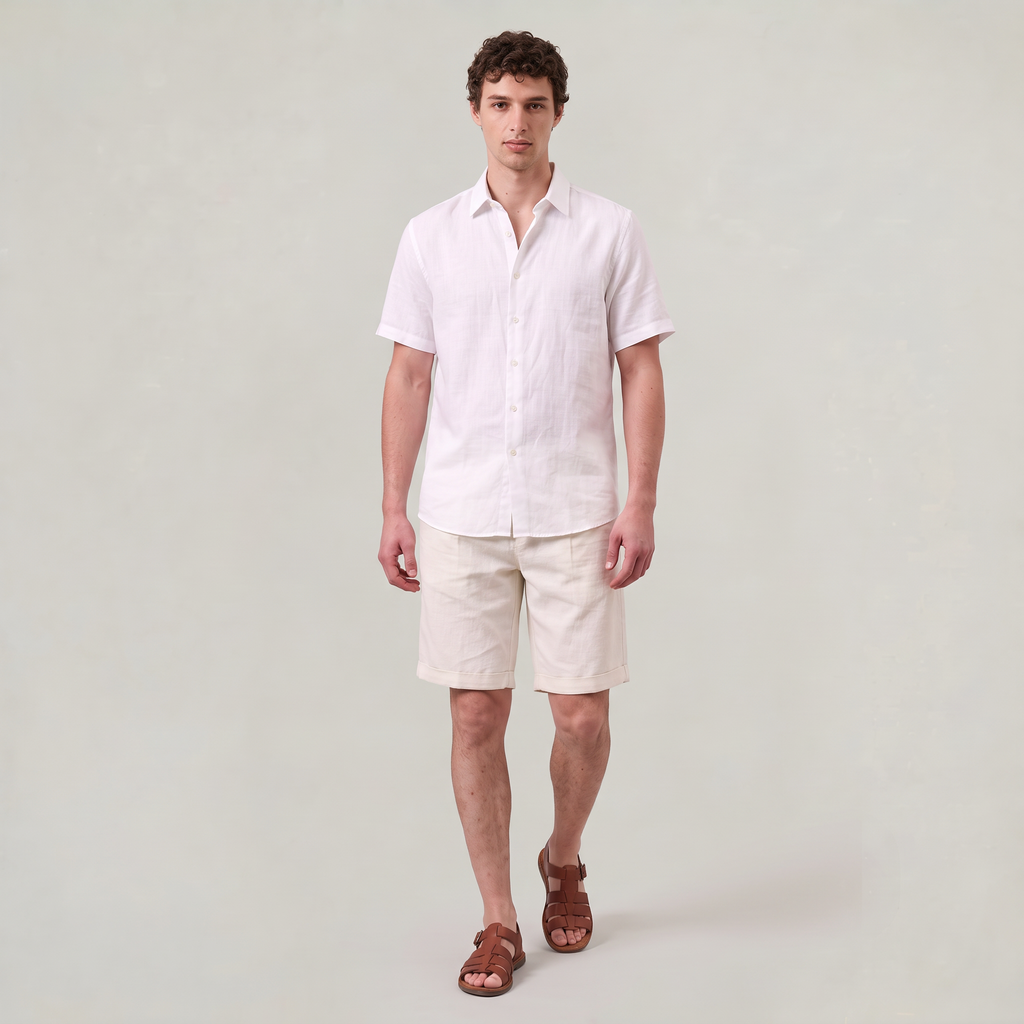 Men’s Cotton Linen Blend Shorts Pleated Turn-Up Hem