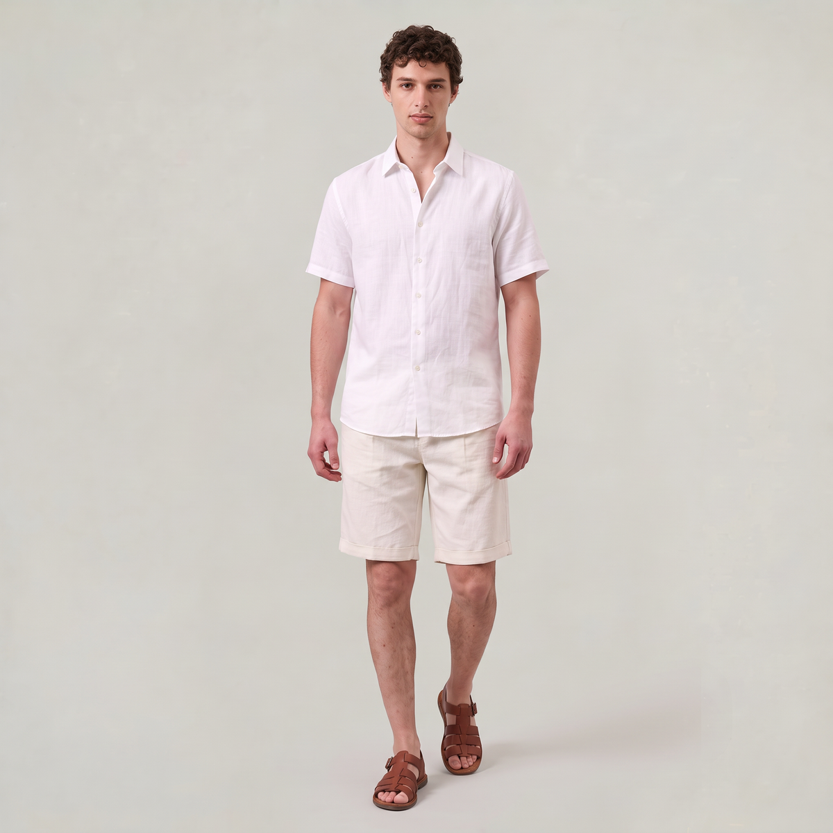 Men’s Cotton Linen Blend Shorts Pleated Turn-Up Hem