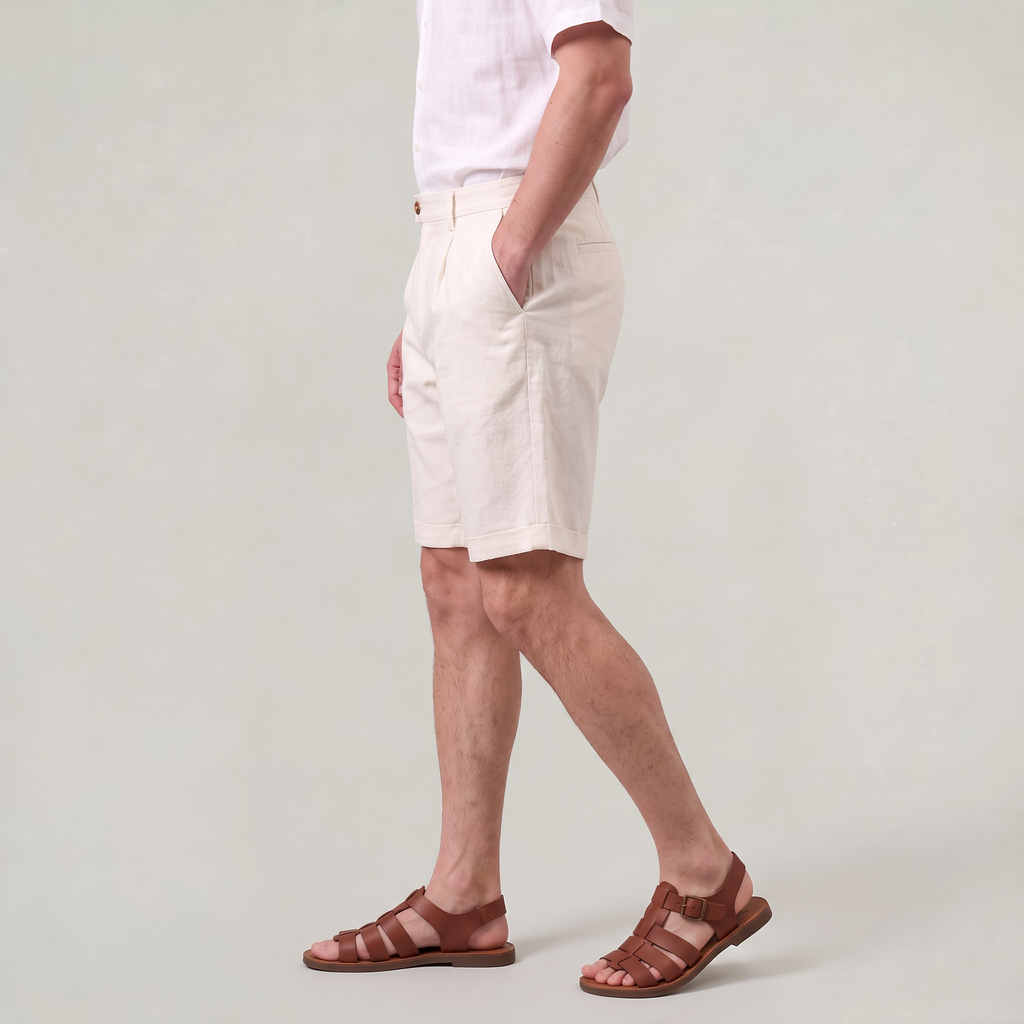 Men’s Cotton Linen Blend Shorts Pleated Turn-Up Hem