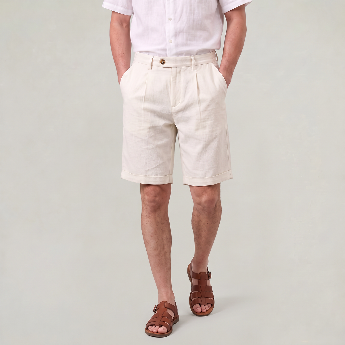 Men’s Cotton Linen Blend Shorts Pleated Turn-Up Hem