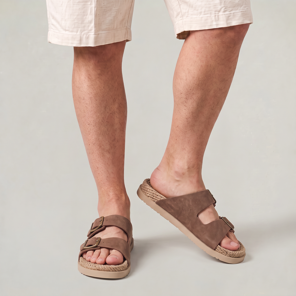 Men’s Double Buckle Nubuck Leather Slip-On Sandals