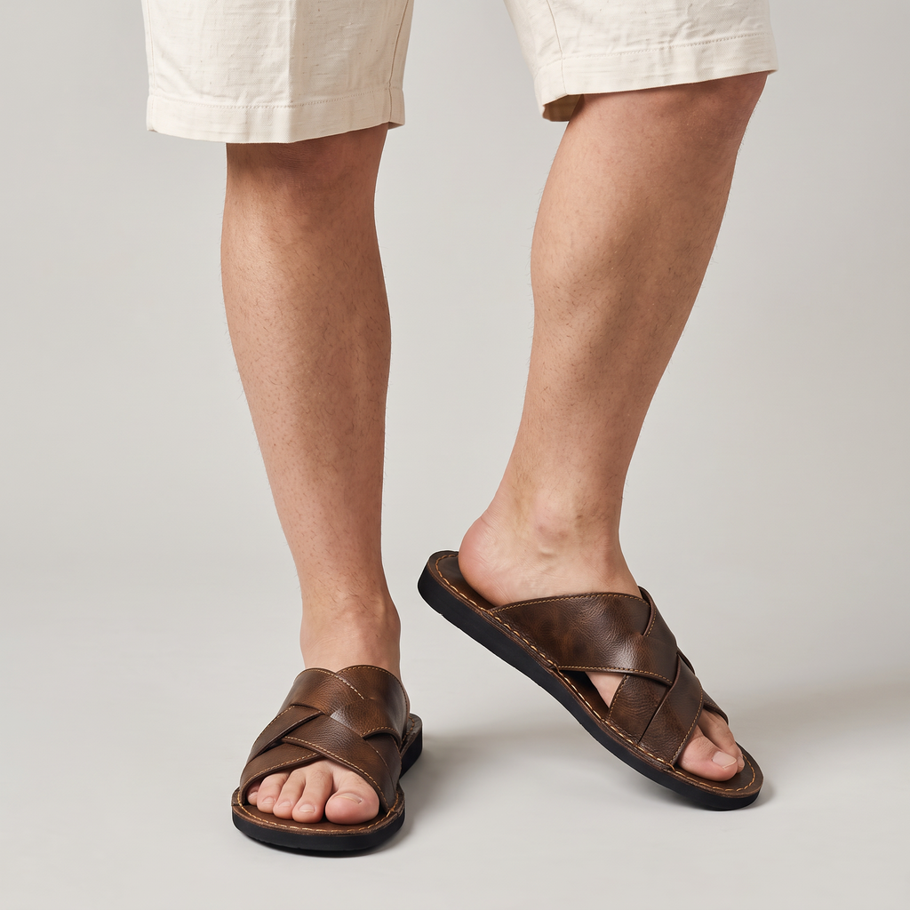 Men’s Leather Sandals Cross Strap Slip-On