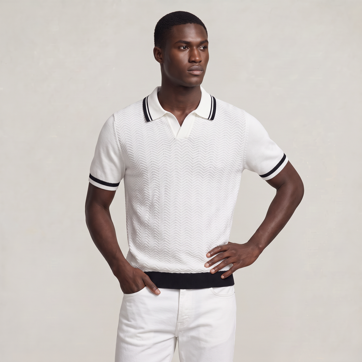 Men’s Textured Knit Polo Shirt with Contrast Trim
