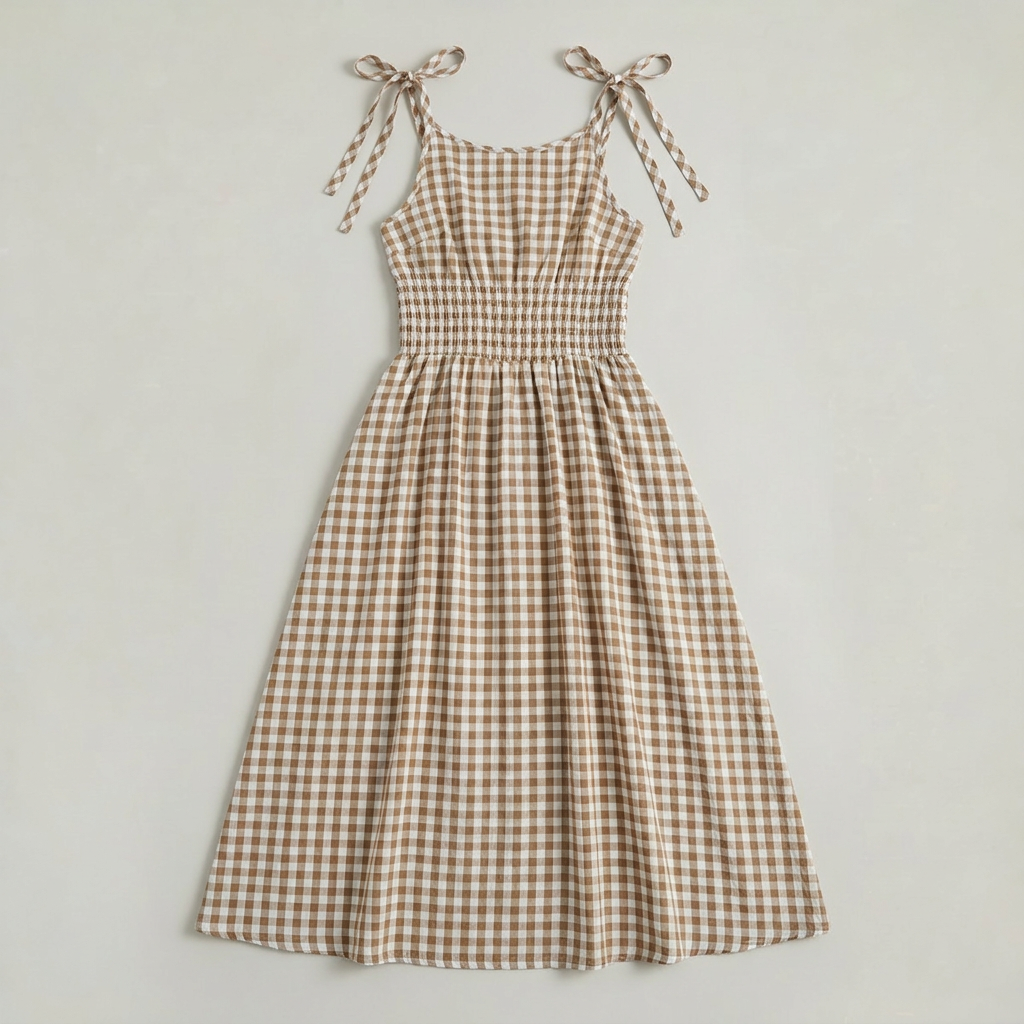 Women’s A-Line Gingham Midi Dress Tie Shoulder