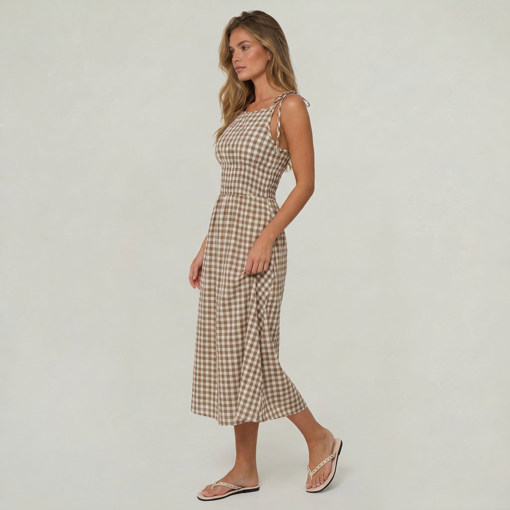 Women’s A-Line Gingham Midi Dress Tie Shoulder