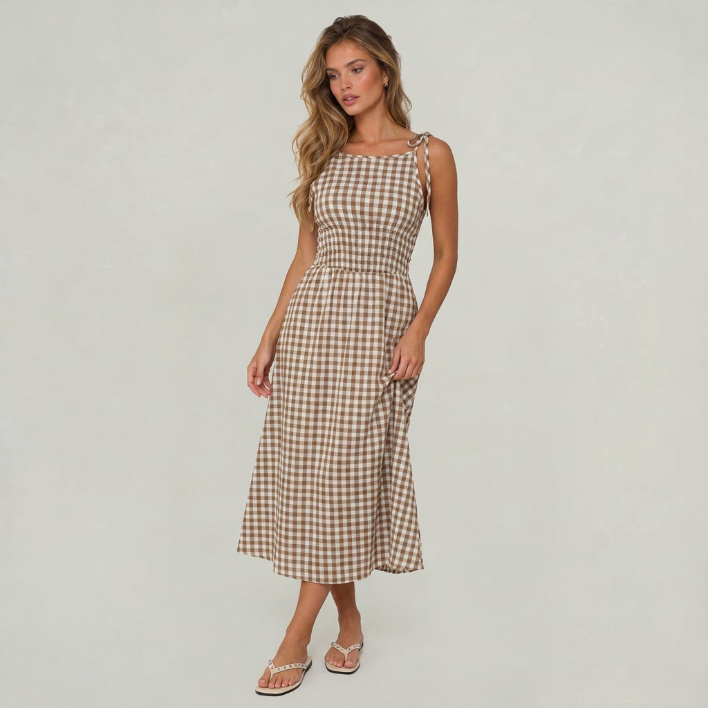 Women’s A-Line Gingham Midi Dress Tie Shoulder