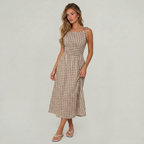 Women’s A-Line Gingham Midi Dress Tie Shoulder