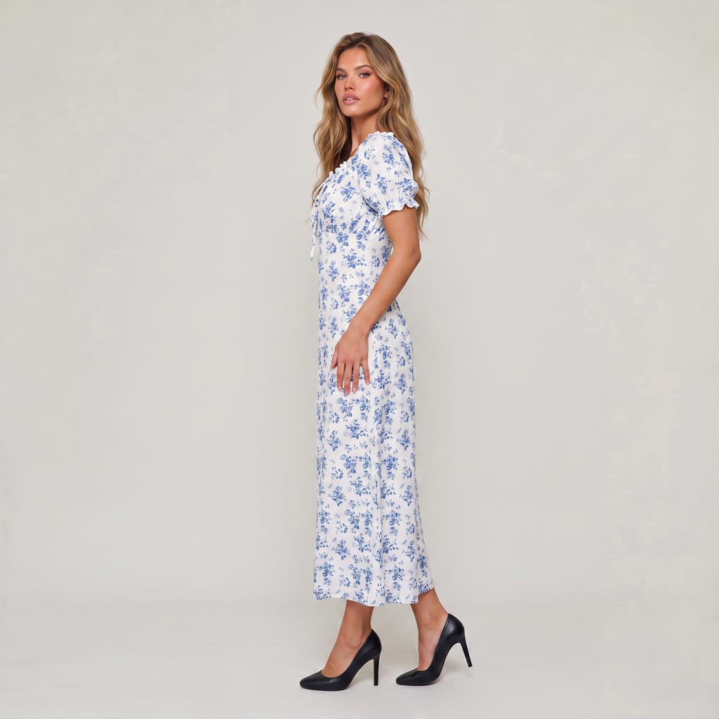 Women’s Blue Floral Puff Sleeve Maxi Dress