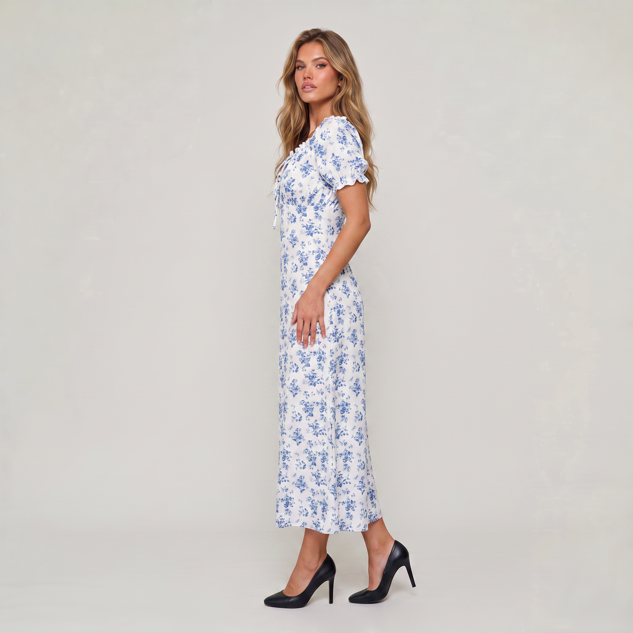 Women’s Blue Floral Puff Sleeve Maxi Dress