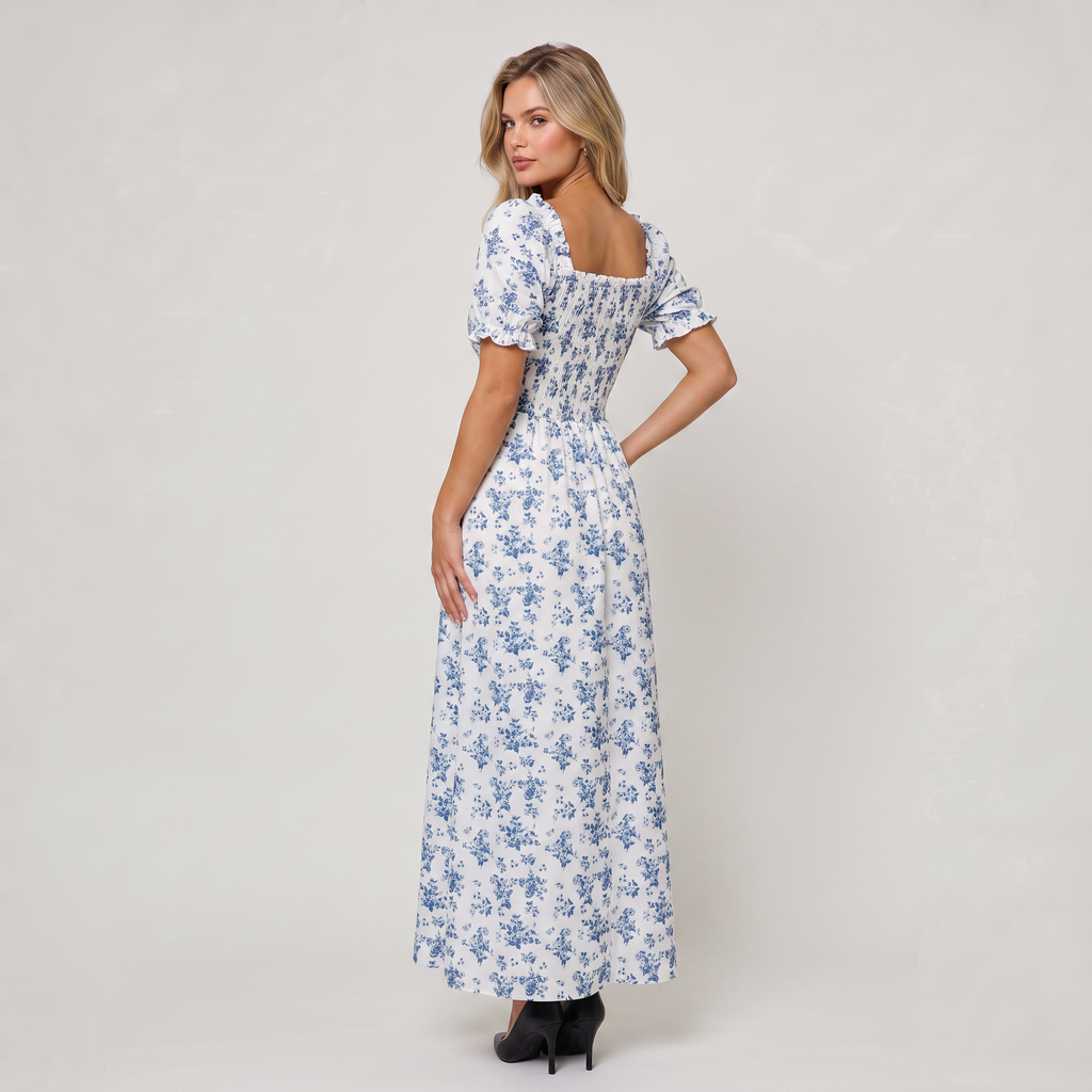 Women’s Blue Floral Puff Sleeve Maxi Dress
