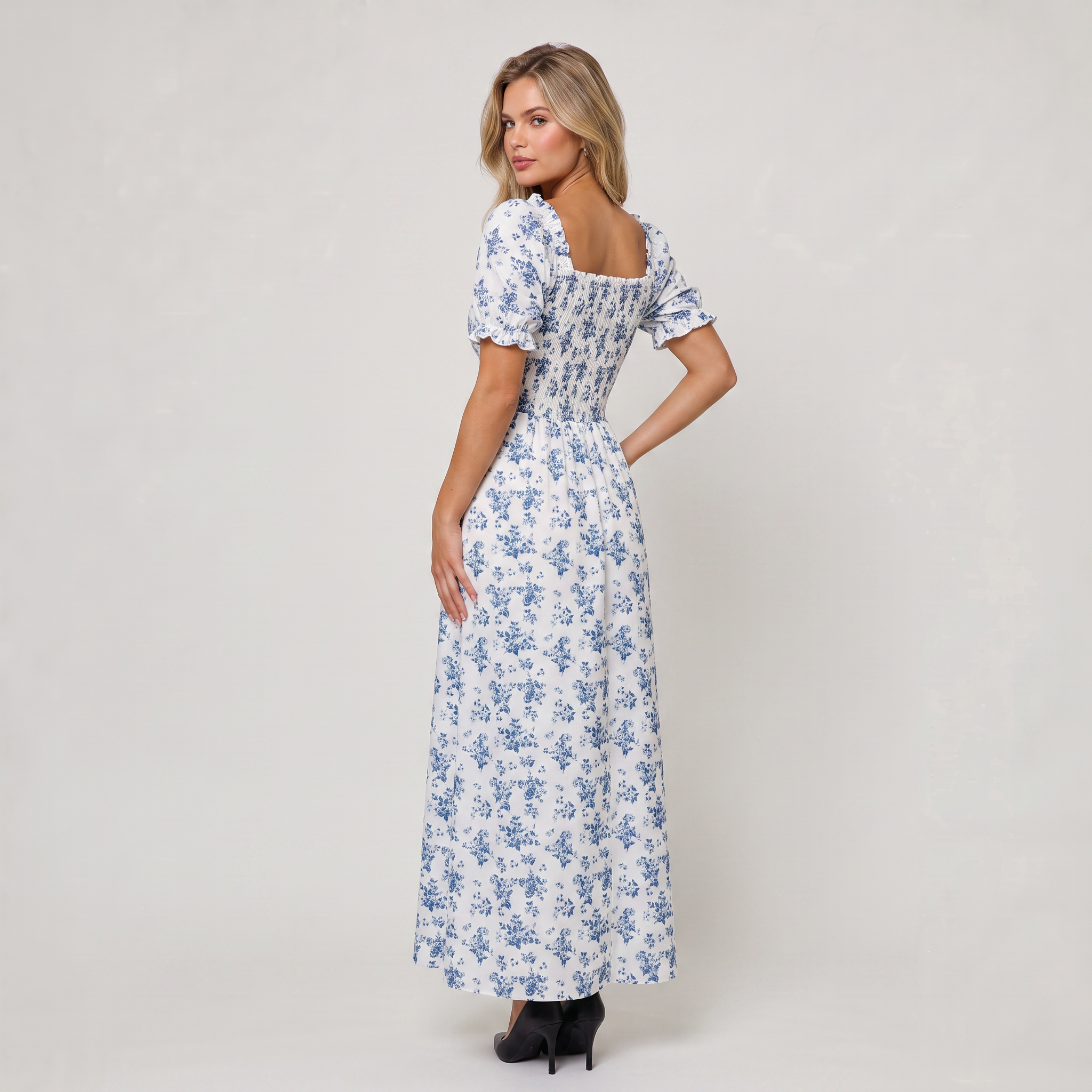 Women’s Blue Floral Puff Sleeve Maxi Dress