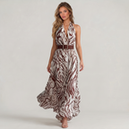 Women’s Brown Zebra Belted Halter Maxi Dress