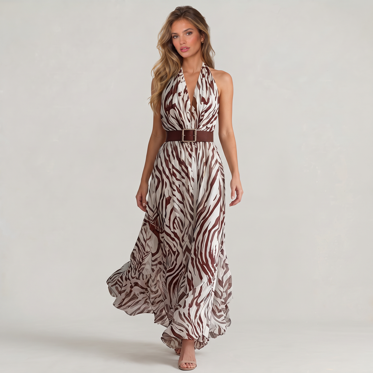 Women’s Brown Zebra Belted Halter Maxi Dress