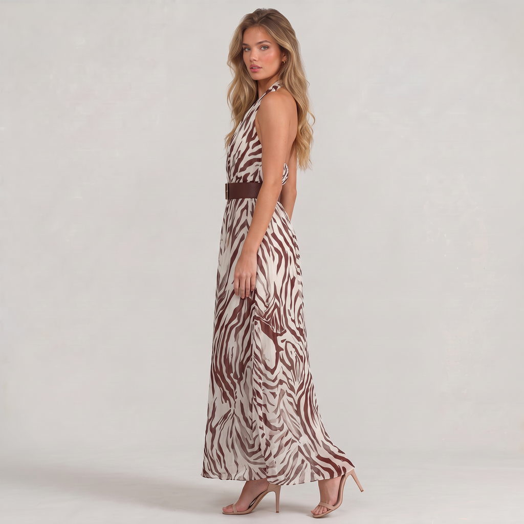 Women’s Brown Zebra Belted Halter Maxi Dress