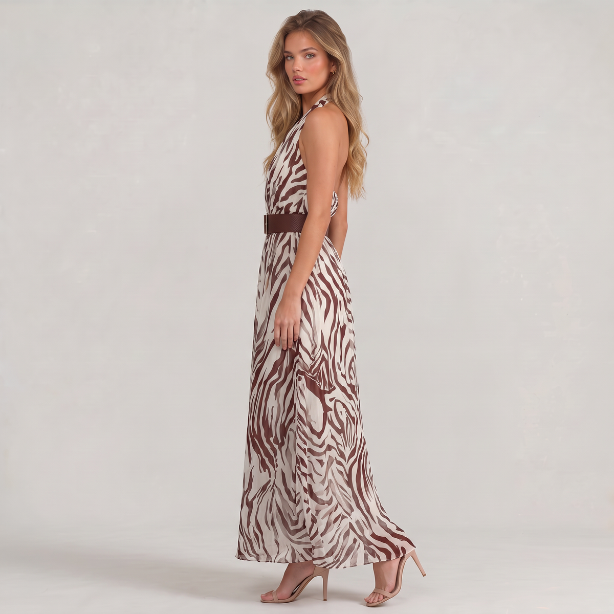 Women’s Brown Zebra Belted Halter Maxi Dress