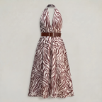 Women’s Brown Zebra Belted Halter Maxi Dress