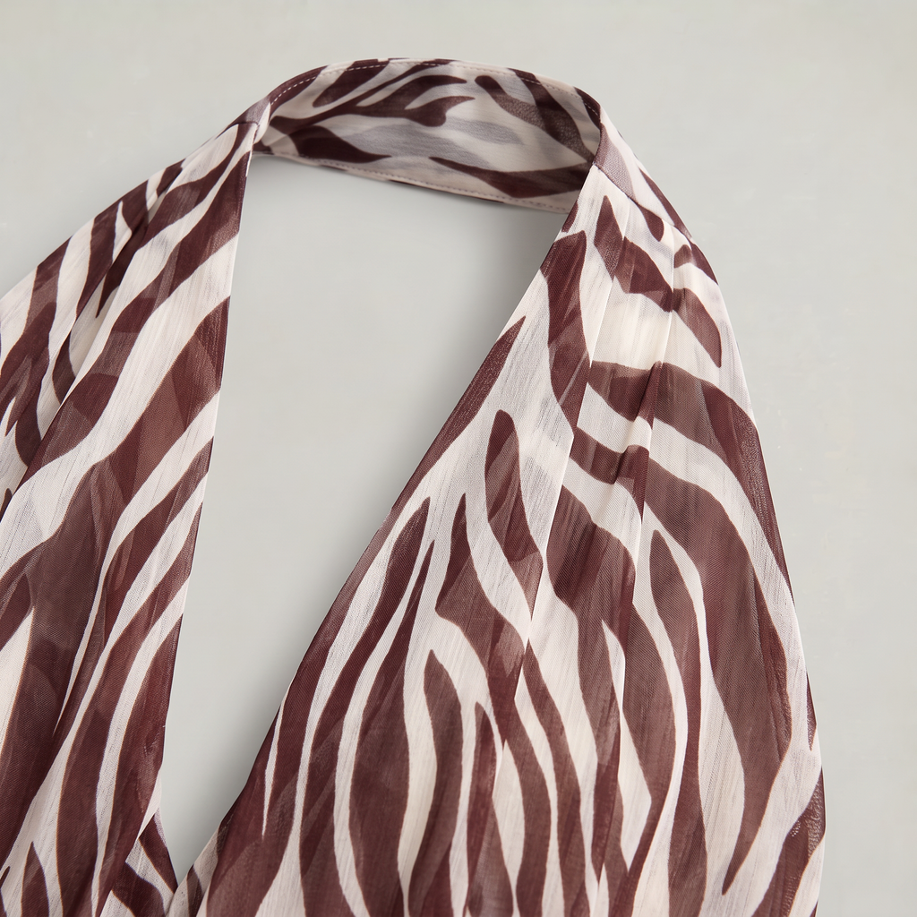 Women’s Brown Zebra Belted Halter Maxi Dress