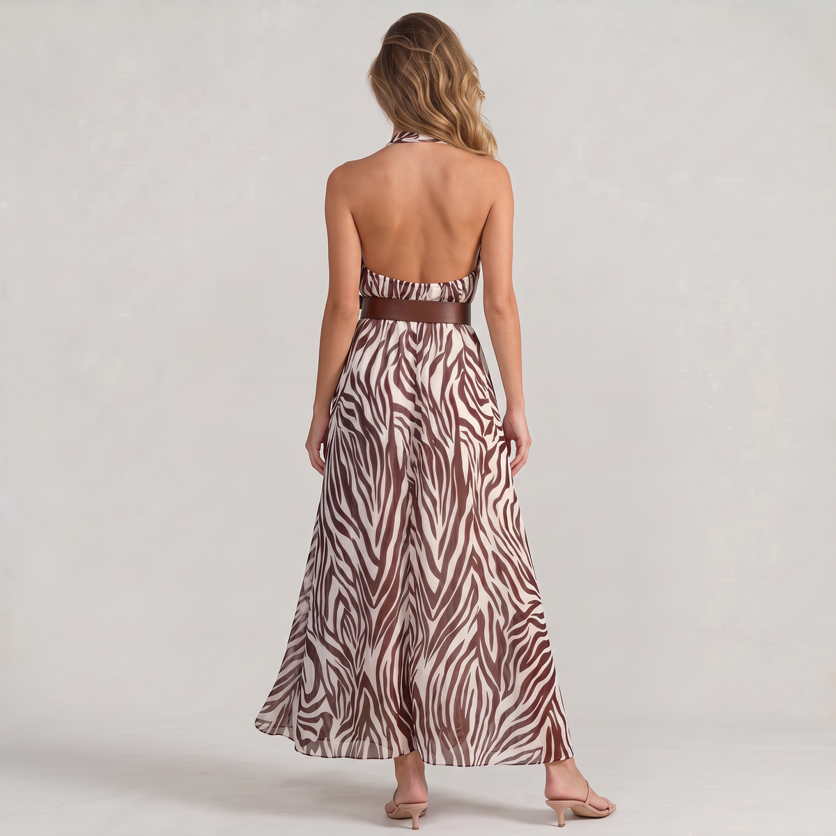 Women’s Brown Zebra Belted Halter Maxi Dress