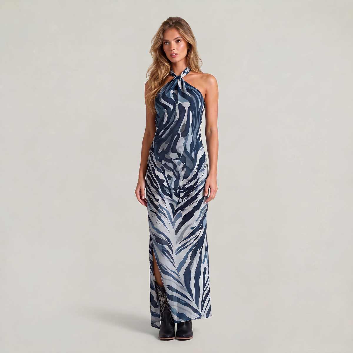 Women’s Brown Zebra Print Halter Maxi Dress