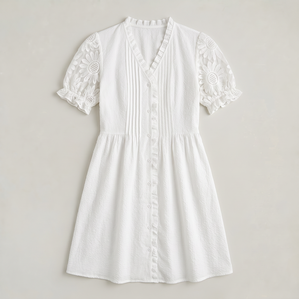 Women’s Button Front Lace Sleeve Midi Dress