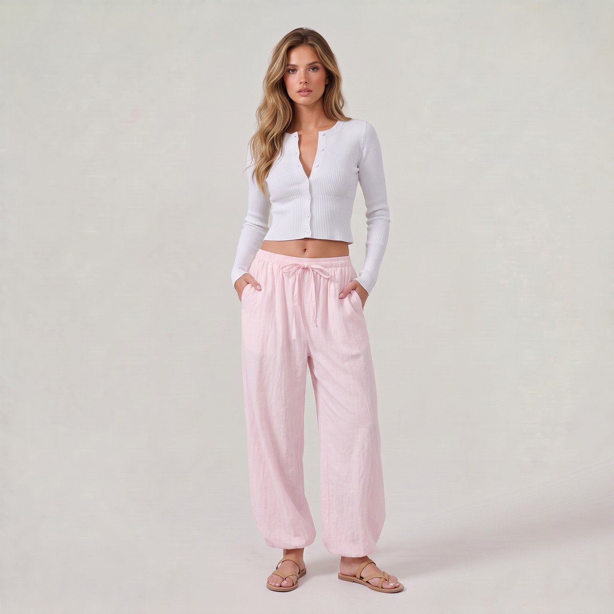 Women’s Cotton Wide Leg Trousers Drawstring Waist