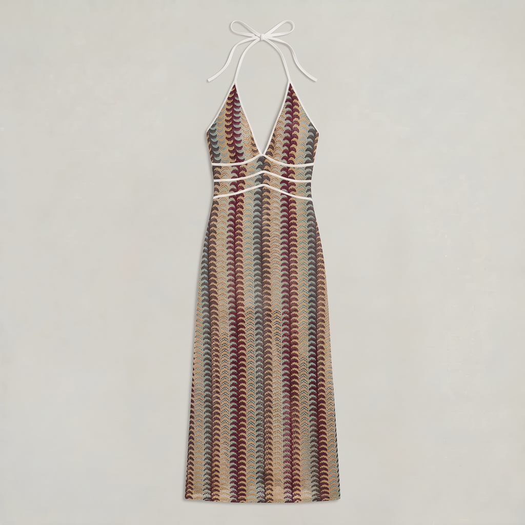Women’s Crochet Knit Resort Maxi Dress - Strappy V-Neck Holiday Dress