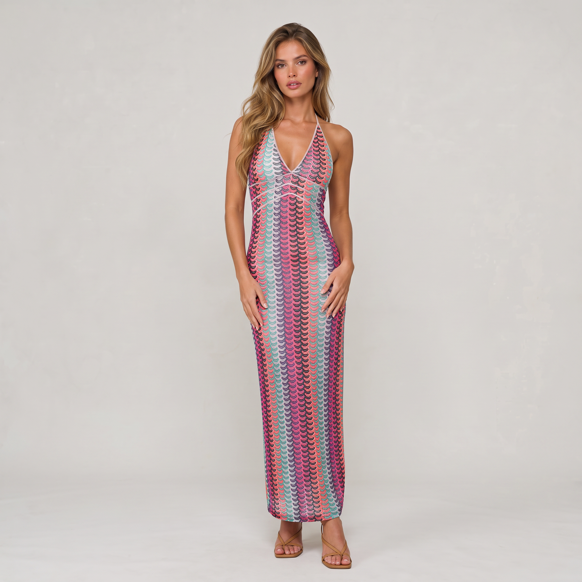 Women’s Crochet Knit Resort Maxi Dress - Strappy V-Neck Holiday Dress