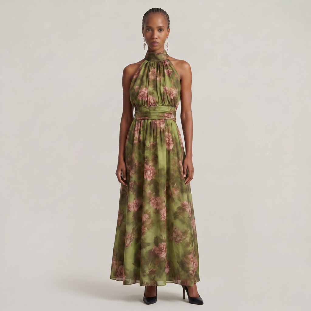 Women's Floral Halter Neck Maxi Dress