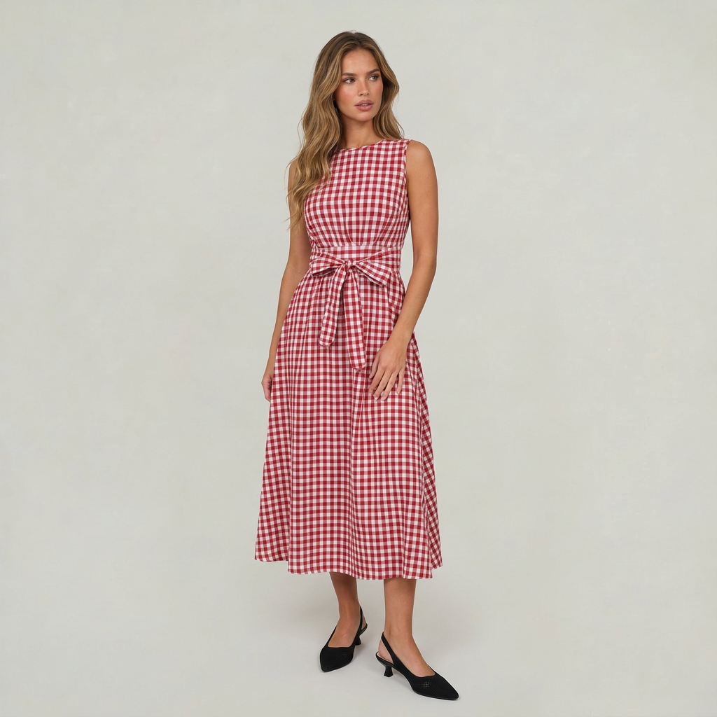Women’s Gingham Midi Dress Tie Waist