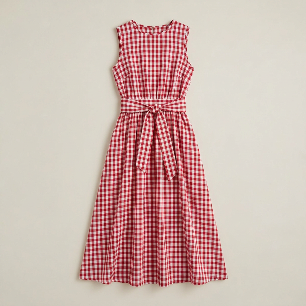 Women’s Gingham Midi Dress Tie Waist