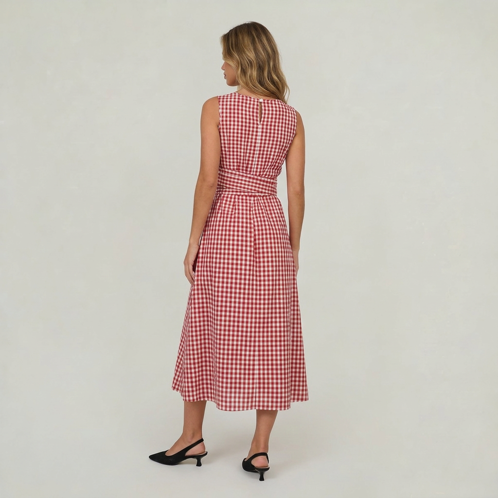 Women’s Gingham Midi Dress Tie Waist
