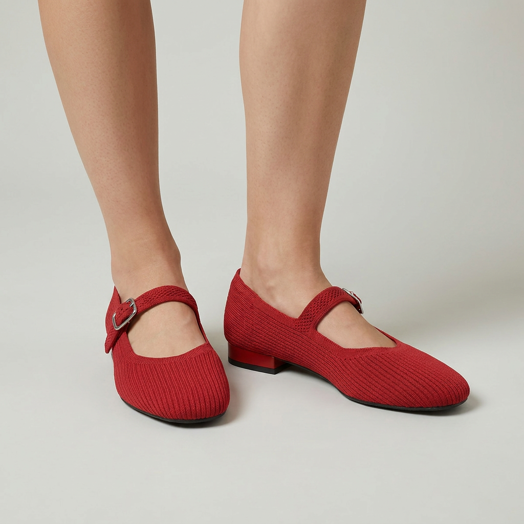 Women’s Mary Jane Flats Ribbed Knit Buckle Strap
