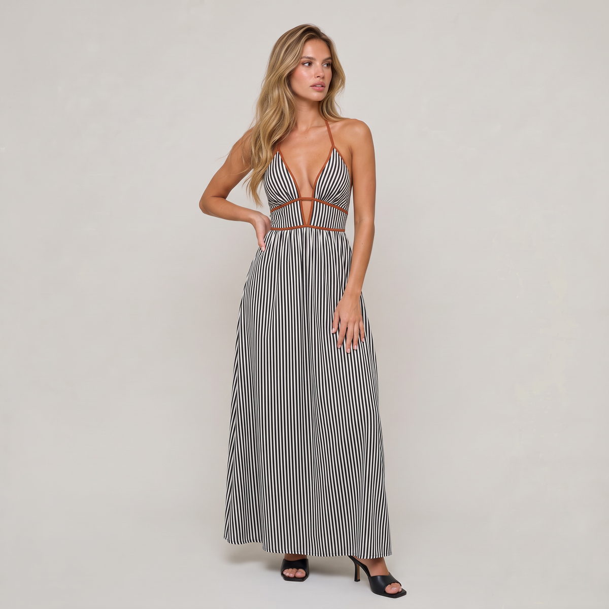 Women’s Striped Halter Cut-Out Maxi Dress